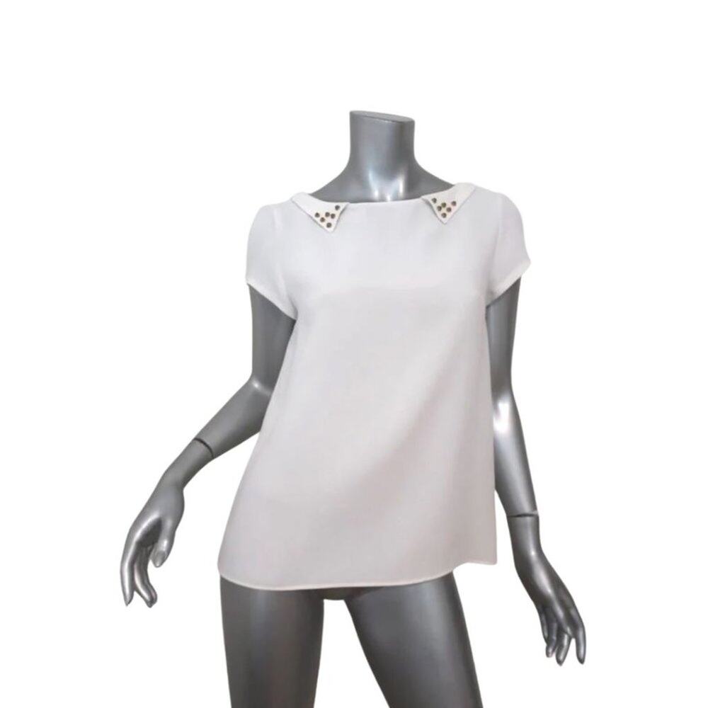 Zara Studded Collar Top Crepe Pleated-Back Short Sleeve Blouse White Small